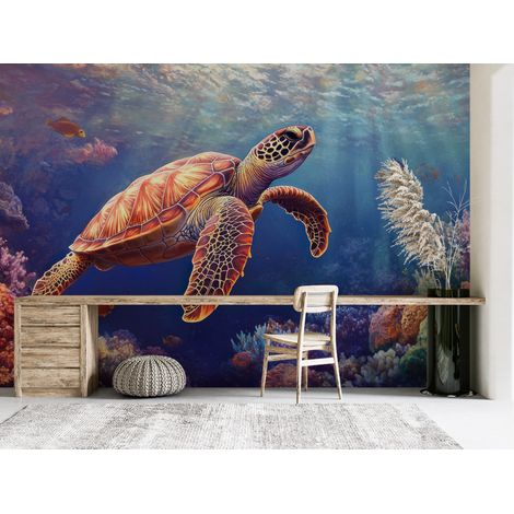 Papier peint animaux tortue marine glissant dans locean azur - 150 x 250 cm (1/2)
