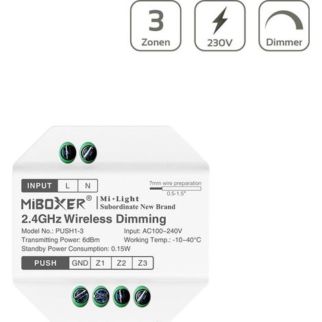 MiBoxer 3-Zonen Funkdimmer für 2.4GHz LED Lampen und Controller für Unterputzdosen PUSH1-3