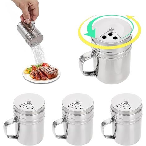 Pots à Épices, avec Poignée Salière, Pivotant Saupoudreuse Sucre Glace, Couvercle avec Tamis à Poudre à 3 Ouvertures, Acier Inoxydable, pour Maison, Pique-Nique, Barbecue (1/5)