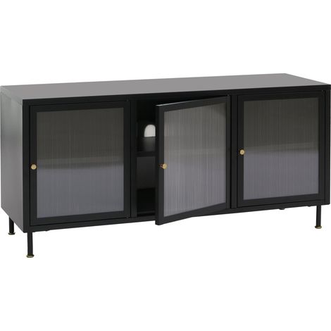 Meuble TV HWC-O87, meuble TV bas, buffet, portes, compartiments de rangement, style industriel, métal, verre canné, 58 x