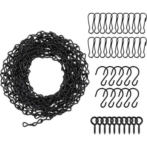 Verstellbare Aufhängeketten 500 cm 10 Haken, 20 Clips, 10 Ösenhaken Schwarze Stahlkette für Vogelfutterhäuser, Pflanzgefäße, Werbetafeln (1/5)