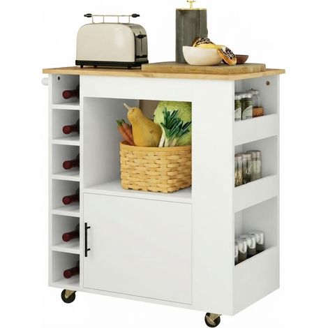 ELVMI Carro de Cocina con Armario, Nicho, 3 Estantes, 6 Botelleros, Encimera, Contrachapado, Roble (1/5)