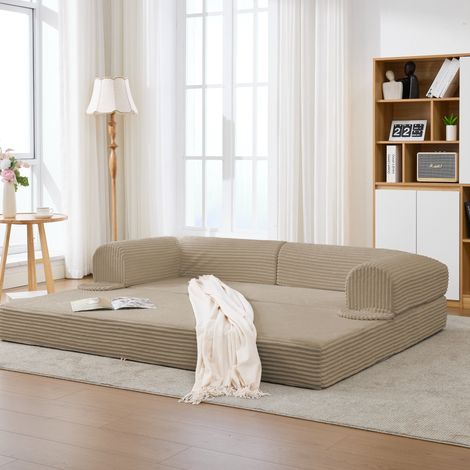 Canapé-lit 2 places en cordon beige, convertible, sofa de sol compact OKWISH (1/5)