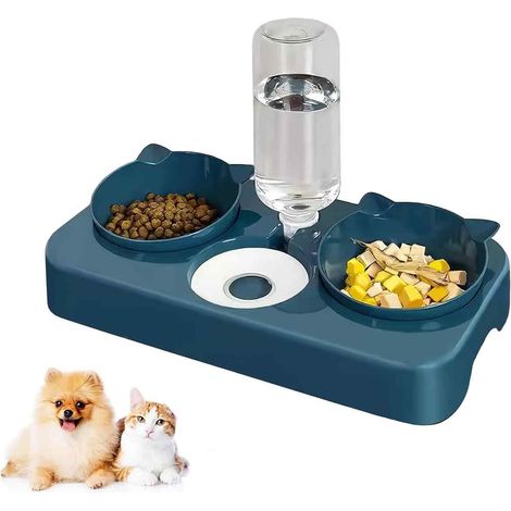 Erhöhter Doppelnapf für Katzen und Hunde, 3-in-1 automatischer Futter- und Wasserspender für Haustiere, 15° geneigter Doppelnapf, für Katzen und Welpen (1/5)