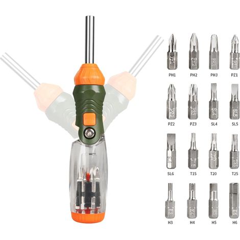 Ensemble de tournevis à cliquet multi embouts 16 en 1 avec tête plate/Philips/Torx/hexagonal/carré/kit de réparation, angle réglable, magnétique (1/5)