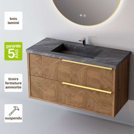 Meuble de salle de bain plan vasque Grès Cérame Noir Allure, 2 Tiroirs Chêne Moyen Poignée Or, l60xh54xp45, Effet 3D, REEL