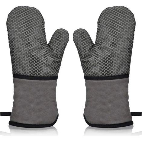 1 Paar Ofenhandschuhe hitzebeständige Backhandschuhe, rutschfeste Silikon- und Baumwoll-Topflappen, extra lange Kochhandschuhe zum Kochen, Grillen, Backen (Grau) (1/3)