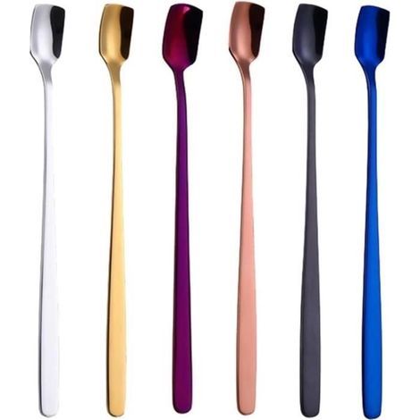 Set mit 6 farbenfrohen Edelstahl-Teelöffeln mit langen Griffen für Desserts, Milch, Tee und zum Mischen nach Belieben (1/4)