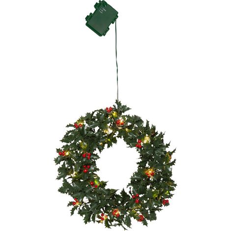 Couronne de sapin LED Star Trading 'Holly', houx artificiel avec baies, piles + minuteur, vert-rouge, Ø 30cm