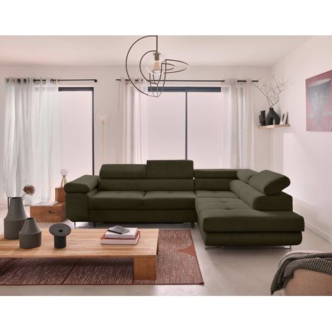 Zaria – ecksofa rechts – mit schlaffunktion und bettkasten sowie verstellbaren kopfstützen – 5-sitzer – aus cord - grün