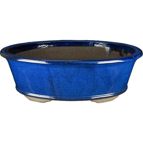 Vaso per bonsai ovale in gres smaltato blu 54x40,5x16,5 cm - ZM008a