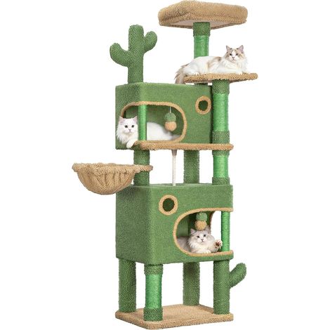 Cactus Arbre à Chat Hauteur 165 cm, Tour de Jeux pour Chat avec 6 Griffoirs, 2 Plateformes, 2 Niches, Panier, 2 Pompons, Convient Aux Chats de Toutes Tailles, Vert Brun (1/5)