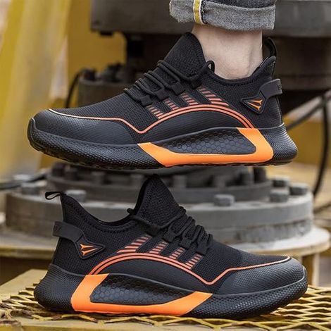 Chaussures de sécurité pour hommes et femmes, chaussures de travail légères, baskets de sécurité antidérapantes à bout en acier, orange, 42EU