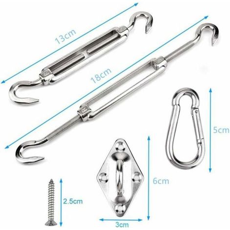 Kit Fixation Voile D'ombrage - Acier Inoxydable - Pour Triangle Carré Rectangle - 4 Supports 4 Mousquetons 4 Vis Tension 16 Vis (1/4)