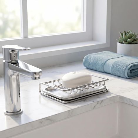 Seifenschale aus Edelstahl für die Dusche (mit Abtropfschale), rostfrei und wasserdicht, geeignet für Badezimmer, Duschräume, Waschbecken und Küchen, silberfarben. (1/5)