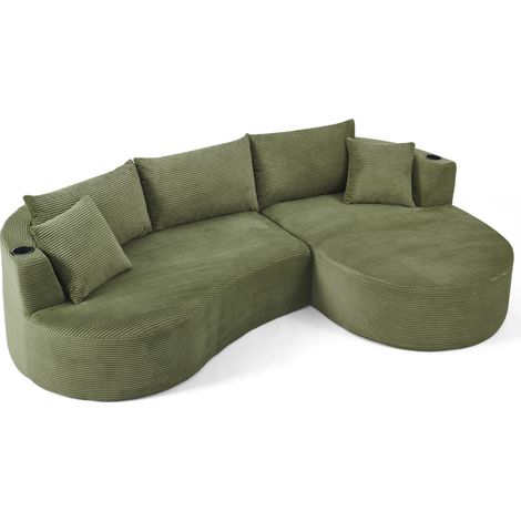 Canapé compressé 3 places, chaise longue droite + canapé 2 places, design en forme d’arche, tissu côtelé doux, avec porte-gobelet et coussins, emballé sous vide, pour salon, hôtel, appartement et bure