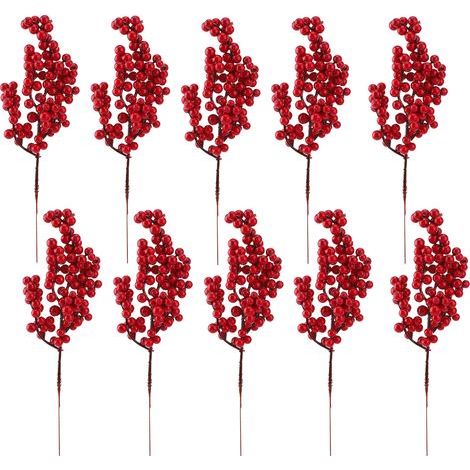 10 künstliche rote Beeren, 22 cm lang, mit Stielen, für Christbaumkränze und weihnachtliche Bastelarbeiten für Zuhause (1/5)