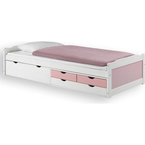 Idimex – Lit fonctionnel avec tiroirs 90x200 cm – Pin massif lasuré blanc/rose – 1 grand tiroir sur roulettes – Rangement optimisé pour chambre