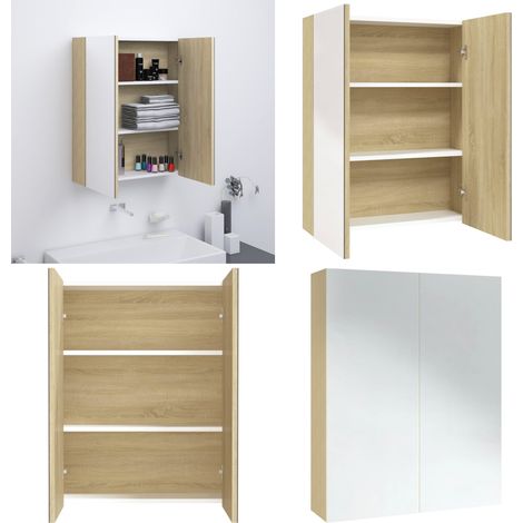 Bad-Spiegelschrank 60x15x75 cm MDF Weiß und Eiche-Optik - Badezimmerspiegel - Spiegelschrank - Badmöbel - Aufbewahrung Im Badezimmer - Kosmetikspiegel - Home & Living