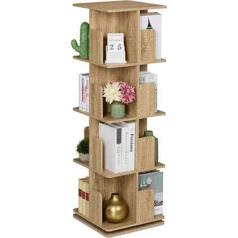 Relaxdays – Bibliothèque rotative 360° 4 niveaux – Dimensions H 125,5 x L 39 x P 39 cm – Panneau de particules et acier – Design compact pour rangement livres et CD