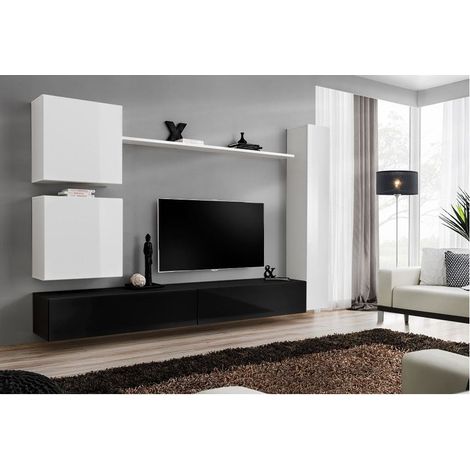 Ensemble meuble TV mural  - Switch VIII - 280 cm x 180 cm x 40 cm - Blanc et noir - Livraison gratuite