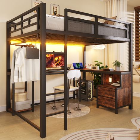 Modernluxe - Lit mezzanine en métal 140x200 cm - Éclairage LED, port de chargement USB - Bureau et étagères de rangement - Noir (sans matelas) (1/5)