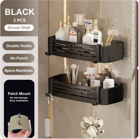 (noir-2) Étagère murale rectangulaire pour salle de bain, porte-serviettes, porte-shampoing mural pour douche, sans perçage (1/5)