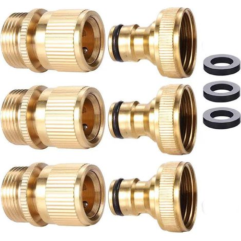 Juego de 3 conectores rápidos para manguera de jardín, rosca de 3/4", conectores macho y hembra de desconexión rápida, cobre. (1/4)