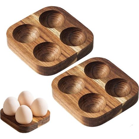 Portauova in legno a 2 pezzi, vassoio portauova, portauova, quattro scomparti, 11 x 11 x 2 cm, superficie liscia e fine, facile da pulire, per conservare e organizzare le uova (1/5)