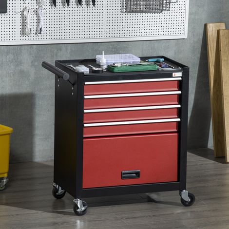 Carro de Herramientas con Ruedas 4 Cajones Compartimento de Almacenaje y Asa Lateral 69x33x75 cm Negro y Rojo (1/5)