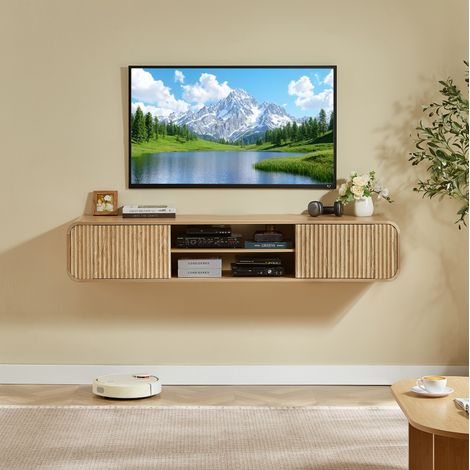 Meuble TV mural 160 cm pour salon avec rangements ouverts, passe-câbles intégré, bords arrondis, MDF - naturel (1/5)