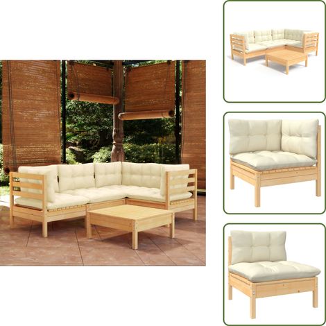 5-tlg. Garten-Lounge-Set mit Creme Kissen Kiefernholz - Gartensessel - Lounge Set - Gartenmöbel - Outdoor Möbel - Rattan Sessel (1/5)