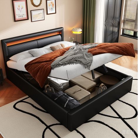 letto contenitore matrimoniale 140x190 LED luce nero HAVRYA (1/5)