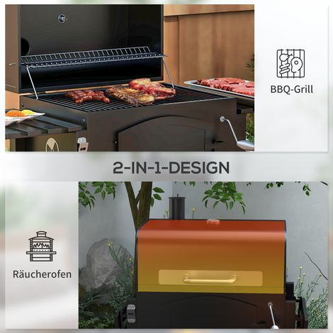 Barbecue fumoir à charbon avec grille ajustable, étagères latérales, dimensions 124 x 66 x 112 cm, finition noire (1/4)