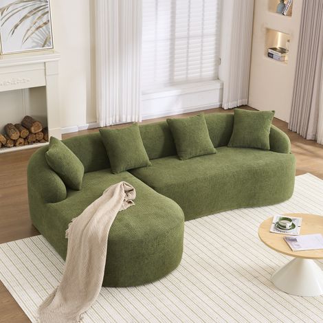 Canapé d'angle modulable en chenille verte, design courbe, 3 places avec méridienne gauche, montage sans outils (1/5)