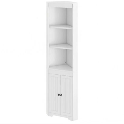 Armoire de salle de bain haute, trois compartiments de rangement ouverts, portes à charnières résistantes à l'humidité, étagères coulissantes, design épuré, blanche