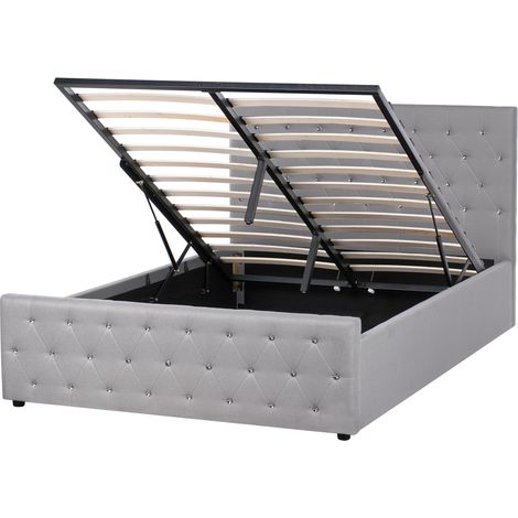 Cama doble tapizada en terciopelo gris claro 140 x 200 cm con almacenamiento cabecero acolchado Amiens (1/5)