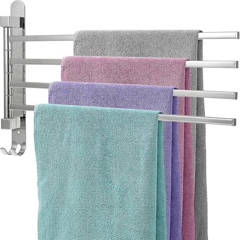 Porte-serviettes avec 4 bras pivotants - Porte-serviettes rotatif à 180° pour un accès facile - Porte-serviettes mural pivotant pour salle de bain, WC, garde-robe, cuisine - Argenté (1/5)