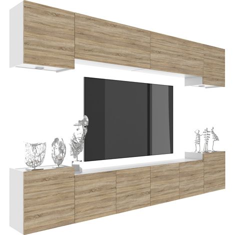BELINI Meuble TV Mural Milano 4 300 cm - Suspendu avec Systeme Verin a Gaz - Chêne Sonoma Mat (1/4)