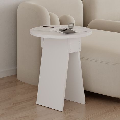 Decortie Table d'appoint moderne Chen Forme ronde Table basse à 2 pieds en aggloméré robuste 42(L)x42(P)x50(H)cm, Blanc (1/4)