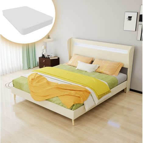 Letto imbottito moderno in tessuto beige 160x200 cm con testiera LED regolabile e rete a doghe