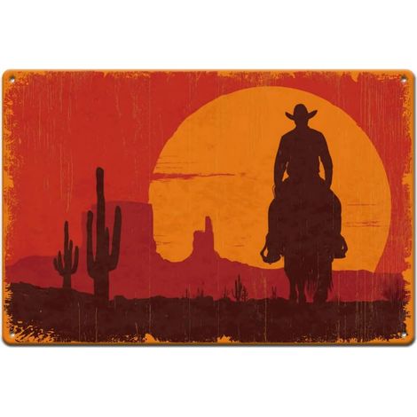 Plaque Metal Vintage De Cowboy À Cheval En Étain Western Coucher De Soleil Désert Plaque Murale Decorative Pour Caverne D'Homme Décoration Salon Maison Panneau Decoratif Exterieur Metal (1/5)