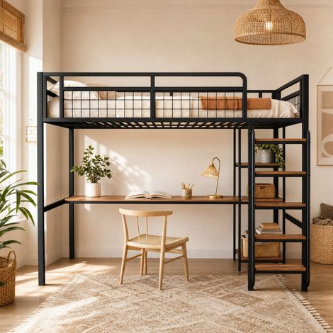 Metall-Hochbett 140x200 cm schwarz aus Metall mit Sicherheitsleiter, Tisch und Regal (1/5)