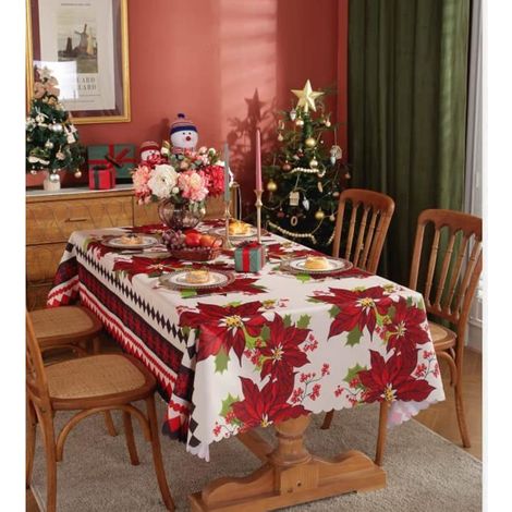 Weihnachtstischdecke MICH - 150x220 cm - Rechteckig - Rote Weihnachtssterne - Waschbarer Stoff - Ideal für Picknick oder Hochzeit