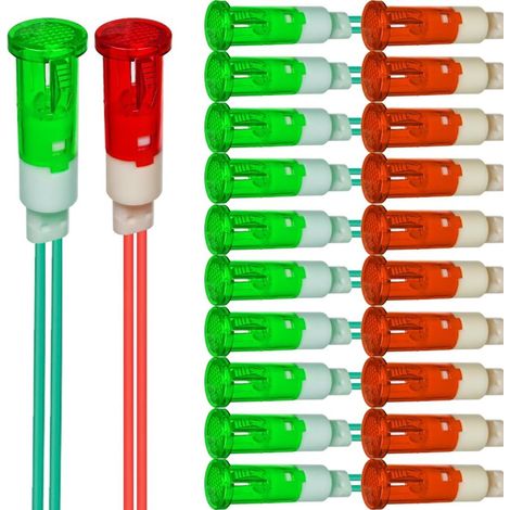 20pcs Voyant LED 10mm Économie d'énergie Voyant LED Tension Courant 230V AC Trou de Montage Carré Taille 10mm (Rouge et Vert) (1/5)