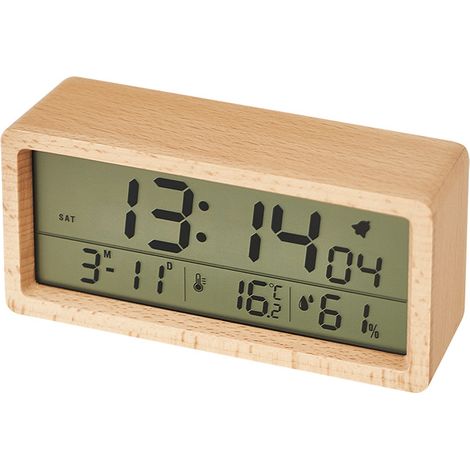 Digitale Nachttischwecker, batteriebetriebener Wecker aus Holz mit hintergrundbeleuchtetem LCD-Display, Schlummerfunktion für Temperatur- und Luftfeuchtigkeitsmessung (1/5)