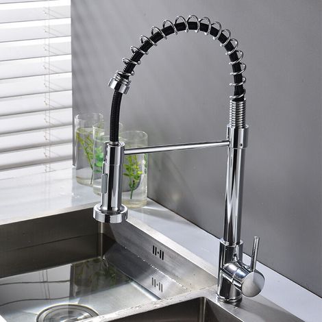 Robinet de cuisine avec ressort hélicoïdal, robinet de cuisine pivotant à 360°, douchette extractible, haute pression, galvanique (1/4)