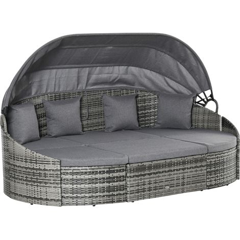 Rattan Sonneninsel 4-teilige Liegeinsel mit Sonnendach Sitzgruppe 4 Kissen Metall Grau 230 x 145 x 80 cm