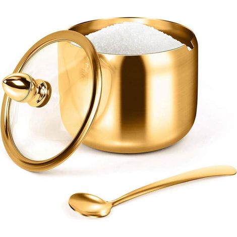Pot À Sucre Avec Couvercle Et Cuillère - Acier Inoxydable - 300 ml - Pour Bar À Café Cuisine Stockage Sel Bonbons Légumineuses - 1 Pièce (1/4)
