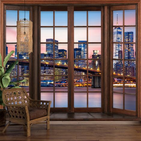 Papier peint panoramique Trompe l'oeil Fenêtre en bois - New York - 130 cm x 104 cm (1/5)